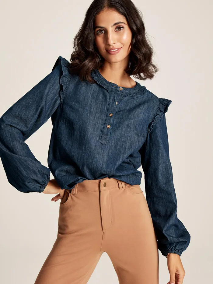 Joules Shirts and Blouses Blue Frill Shoulder Chambray Blouse 8211 Women