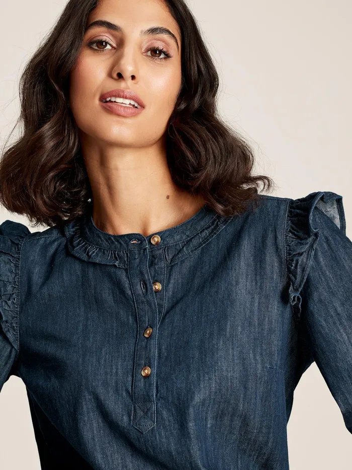Joules Shirts and Blouses Blue Frill Shoulder Chambray Blouse 8211 Women