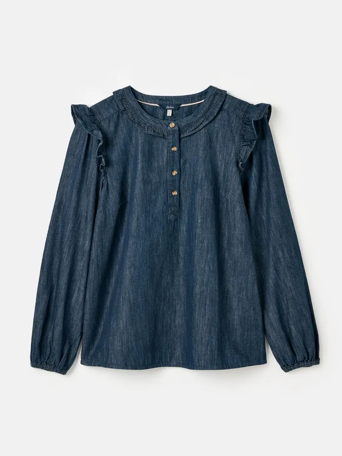 Joules Shirts and Blouses Blue Frill Shoulder Chambray Blouse 8211 Women