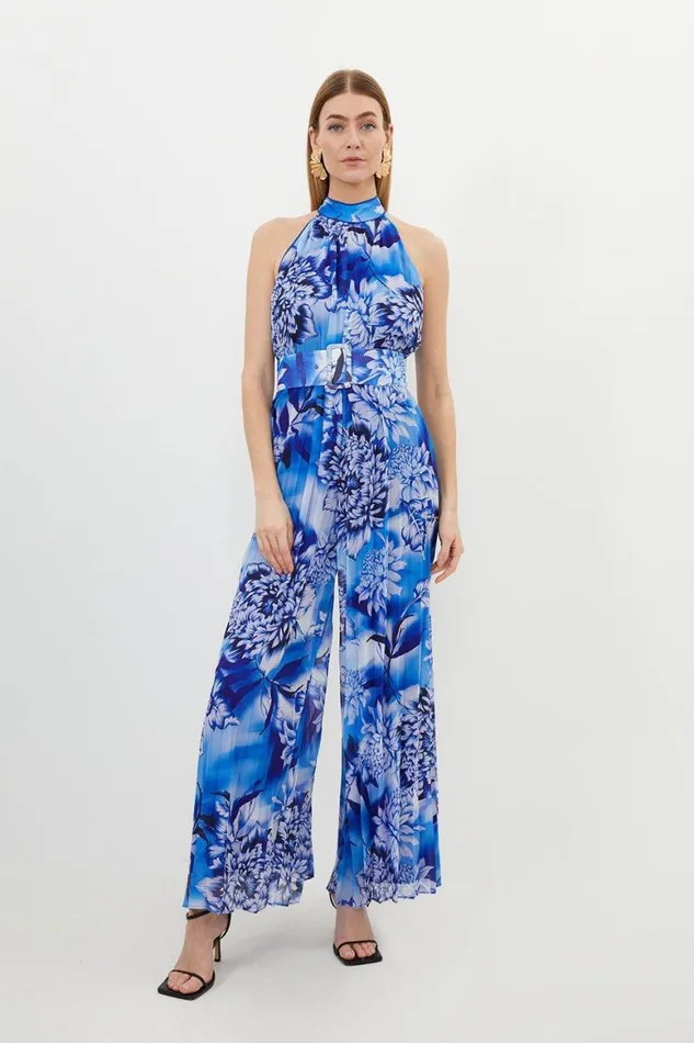 Jumpsuits Women Karen Millen Blue Floral Georgette Woven Halter Pleated Jumpsuit Blue Jumpsuits Women Karen Millen Blue Floral Georgette Woven Halter Pleated Jumpsuit Blue