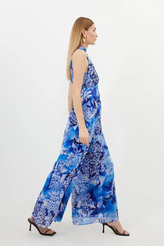 Jumpsuits Women Karen Millen Blue Floral Georgette Woven Halter Pleated Jumpsuit Blue