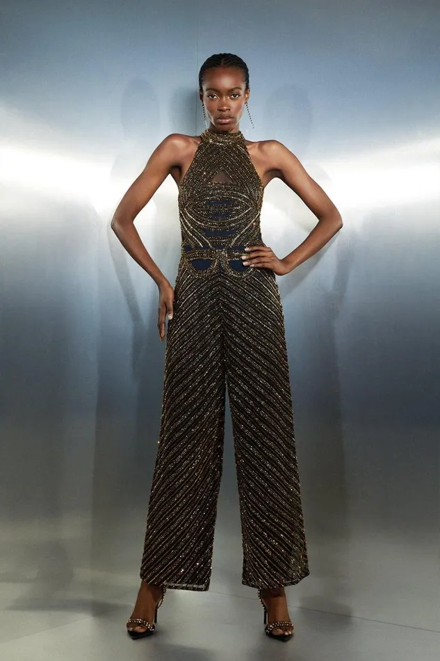 Jumpsuits Women Karen Millen Embellished Beaded Woven Jumpsuit Gold