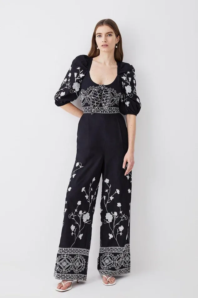Jumpsuits Women Karen Millen Floral and Geo Embroidered Woven Jumpsuit Black