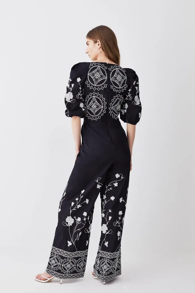 Jumpsuits Women Karen Millen Floral and Geo Embroidered Woven Jumpsuit Black