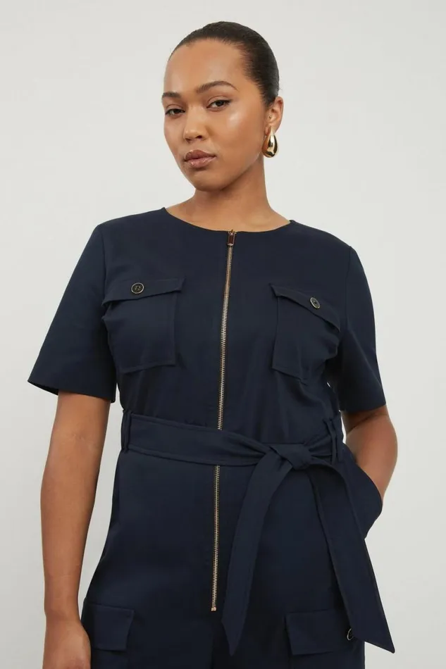 Jumpsuits Women Karen Millen Plus Size Cargo Pocket Belted Wide Leg Tailored Jumpsuit Navy