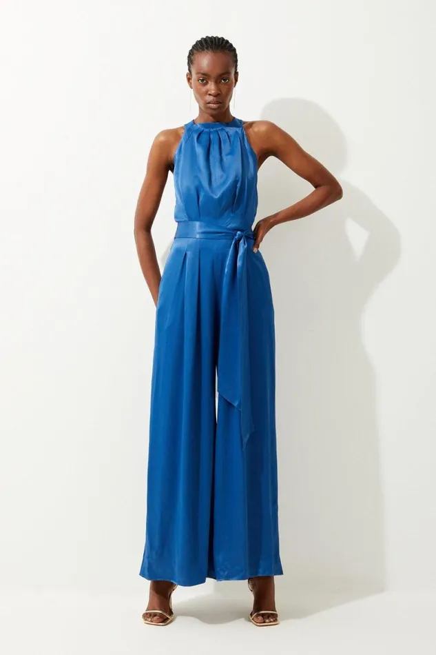 Jumpsuits Women Karen Millen Satin Woven Halter Jumpsuit Navy