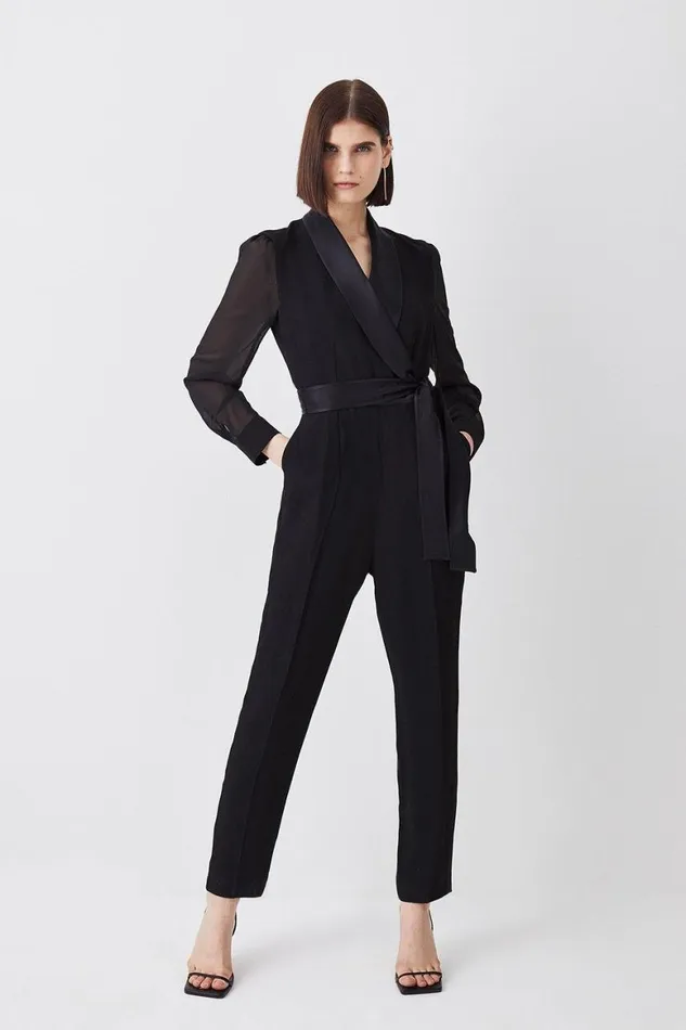 Jumpsuits Women Karen Millen Sheer Sleeve Tuxedo Wrap Jumpsuit Black