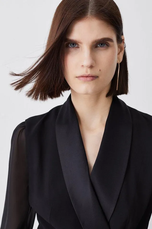 Jumpsuits Women Karen Millen Sheer Sleeve Tuxedo Wrap Jumpsuit Black