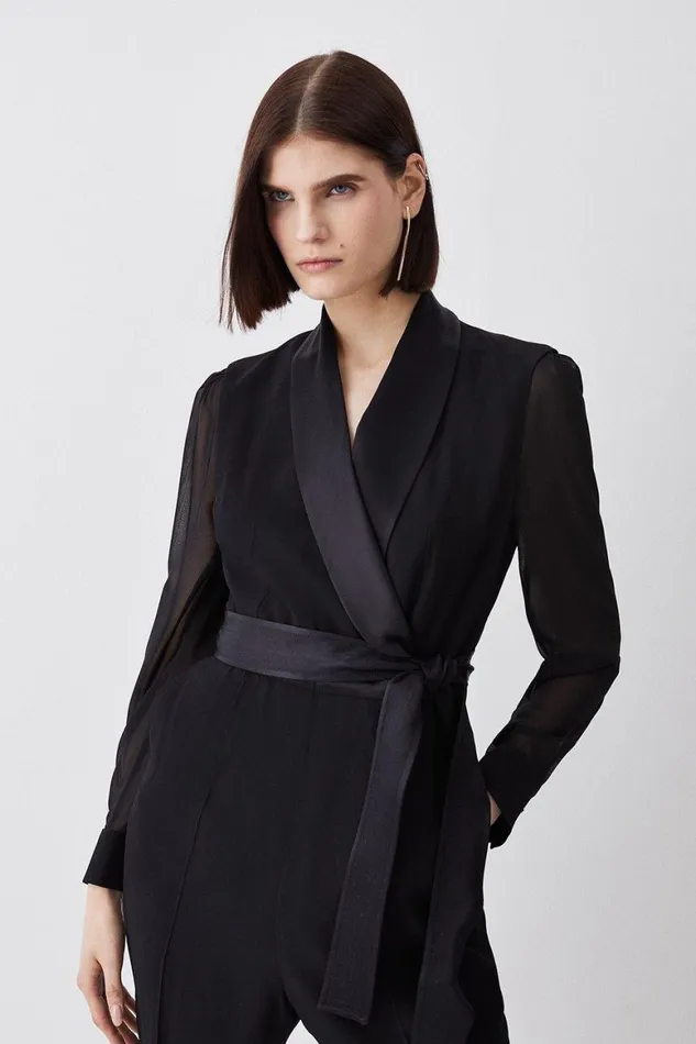 Jumpsuits Women Karen Millen Sheer Sleeve Tuxedo Wrap Jumpsuit Black