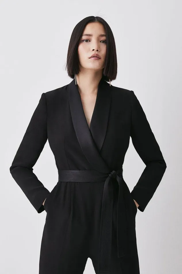 Jumpsuits Women Karen Millen Tailored Tuxedo Belted Wrap Jumpsuit Black