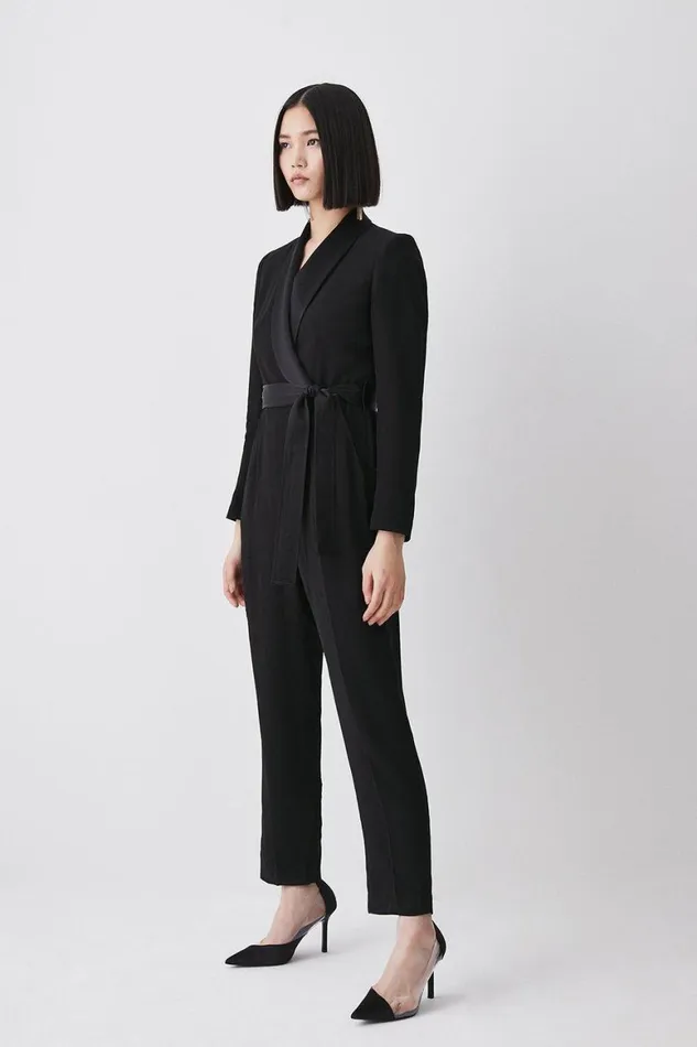 Jumpsuits Women Karen Millen Tailored Tuxedo Belted Wrap Jumpsuit Black