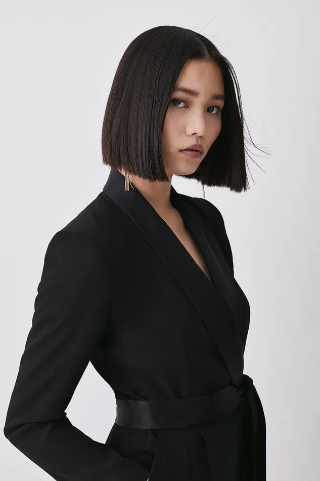 Jumpsuits Women Karen Millen Tailored Tuxedo Belted Wrap Jumpsuit Black