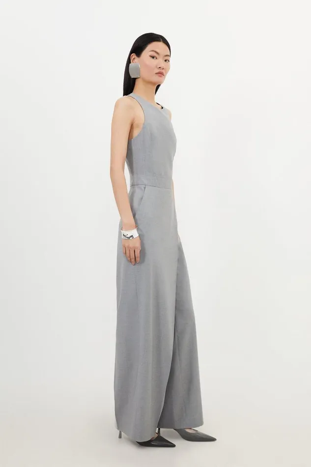 Jumpsuits Women Karen Millen Tailored Wool Blend Wide Leg Wrap Detail Jumpsuit Grey