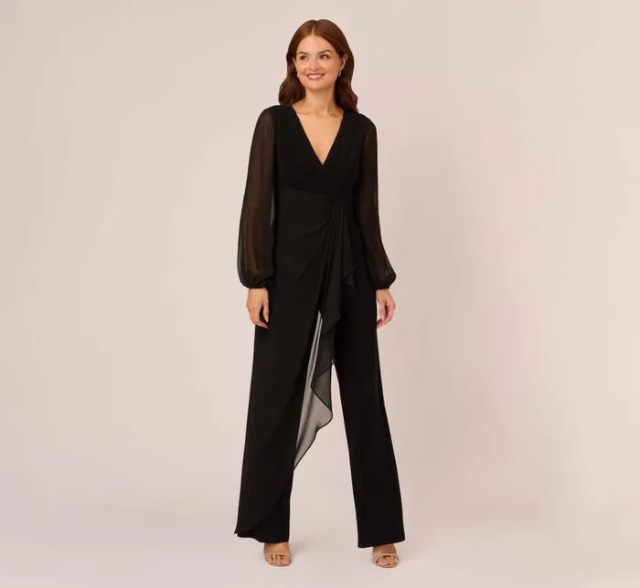 Jumpsuits Womens Adrianna Papell Long Sleeve Jersey Jumpsuit With Chiffon Details In Black