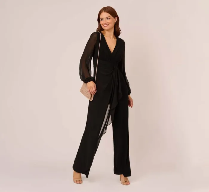 Jumpsuits Womens Adrianna Papell Long Sleeve Jersey Jumpsuit With Chiffon Details In Black