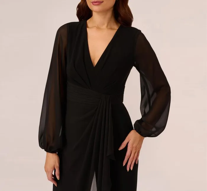 Jumpsuits Womens Adrianna Papell Long Sleeve Jersey Jumpsuit With Chiffon Details In Black