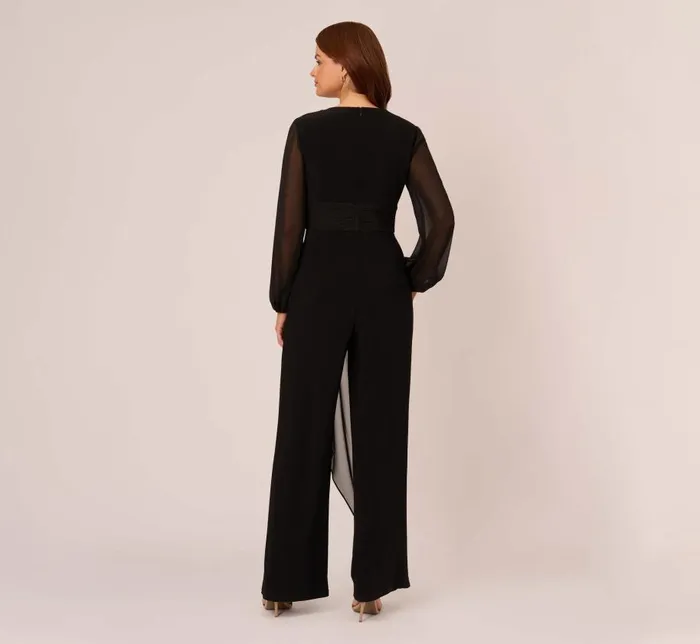 Jumpsuits Womens Adrianna Papell Long Sleeve Jersey Jumpsuit With Chiffon Details In Black
