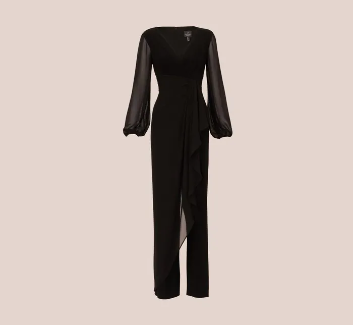 Jumpsuits Womens Adrianna Papell Long Sleeve Jersey Jumpsuit With Chiffon Details In Black