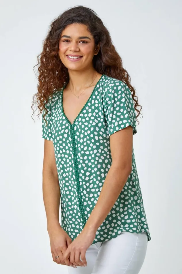 Khaki Abstract Spot Bobble Trim VNeck TShirt Women Roman Tops