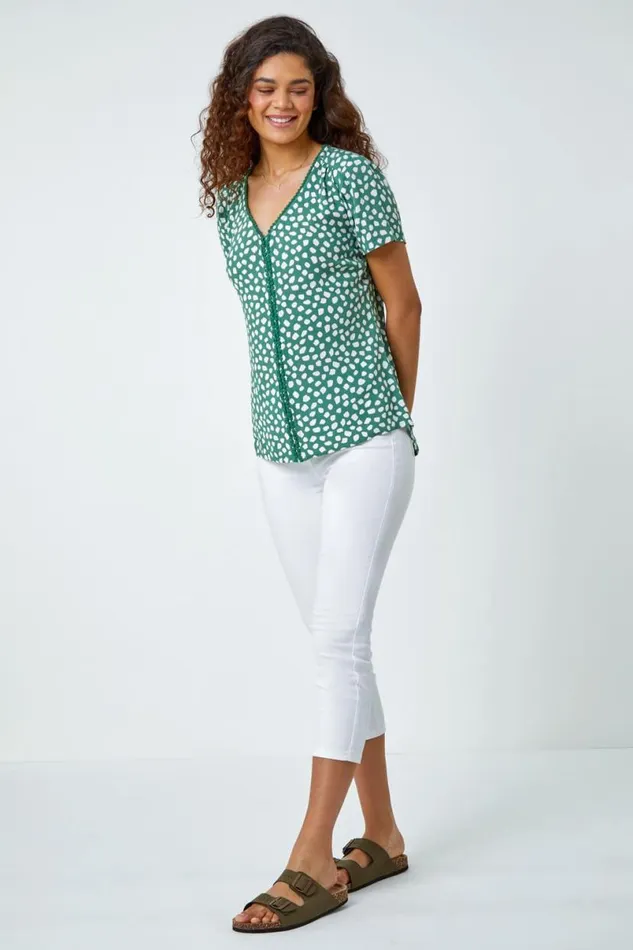 Khaki Abstract Spot Bobble Trim VNeck TShirt Women Roman Tops