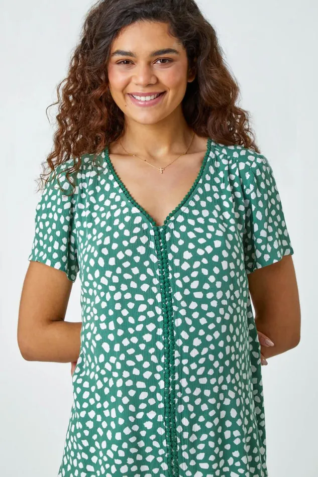 Khaki Abstract Spot Bobble Trim VNeck TShirt Women Roman Tops