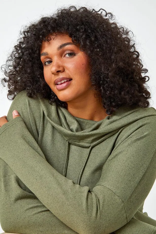 Khaki Curve Cowl Neck Relaxed Stretch Top Women Roman Tops