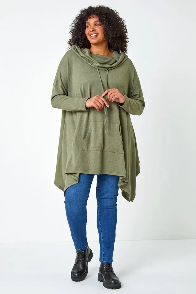 Khaki Curve Cowl Neck Relaxed Stretch Top Women Roman Tops
