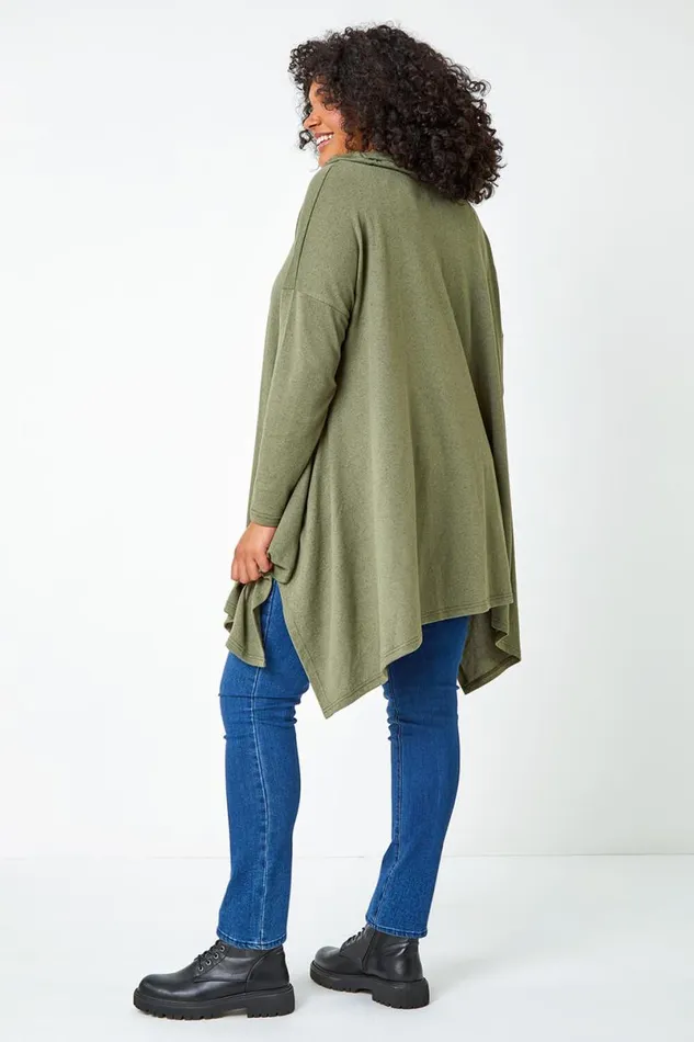 Khaki Curve Cowl Neck Relaxed Stretch Top Women Roman Tops