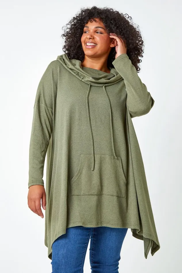 Khaki Curve Cowl Neck Relaxed Stretch Top Women Roman Tops