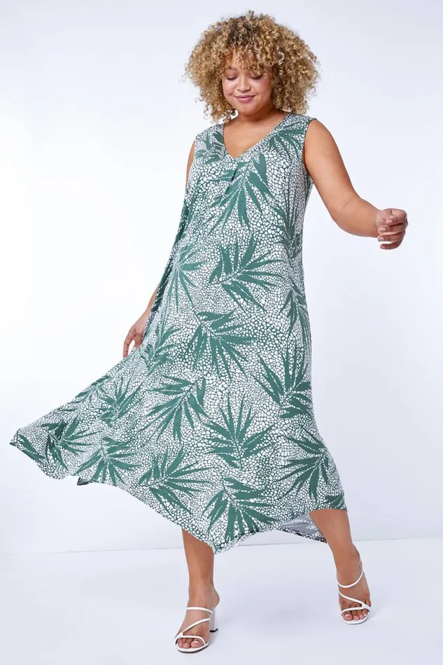 Khaki Curve Leaf Print Hanky Hem Dress Women Roman Dresses
