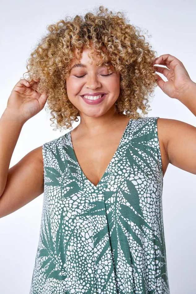 Khaki Curve Leaf Print Hanky Hem Dress Women Roman Dresses
