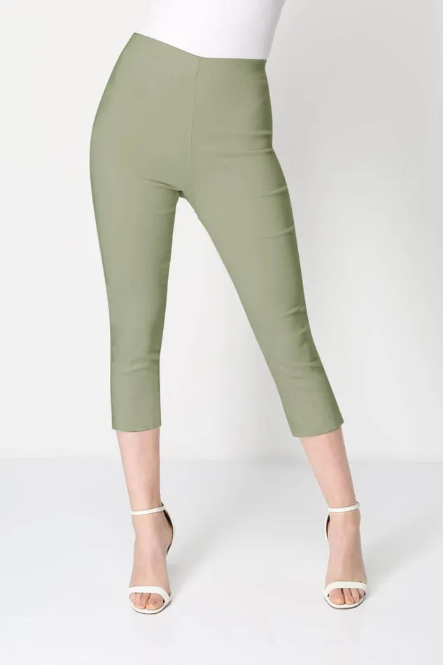 Khaki Elastic Waist Stretch Cropped Trousers Women Roman Coords