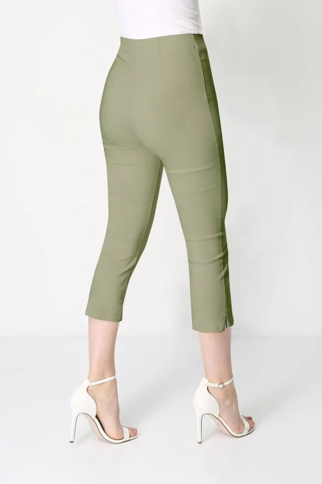 Khaki Elastic Waist Stretch Cropped Trousers Women Roman Coords