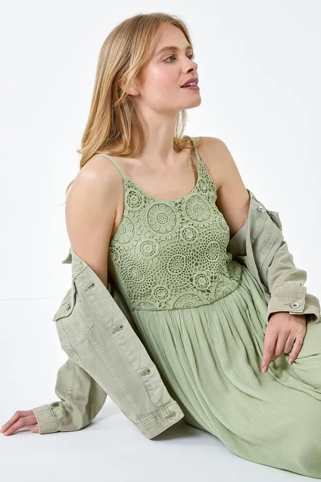 Khaki Lace Bodice Shirred Midi Dress Women Roman Dresses