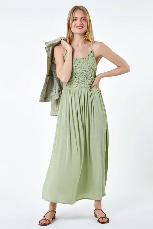 Khaki Lace Bodice Shirred Midi Dress Women Roman Dresses