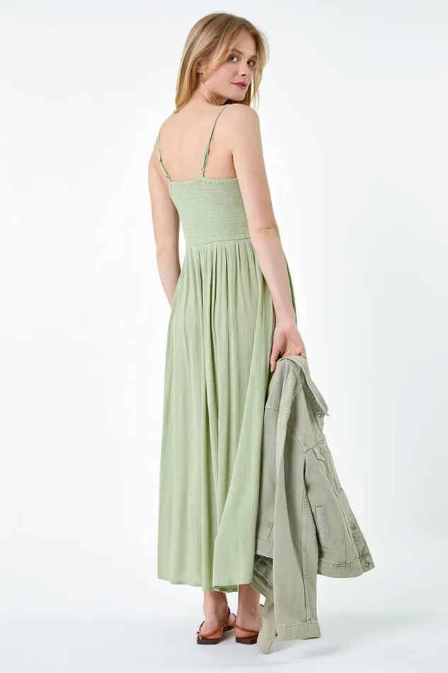 Khaki Lace Bodice Shirred Midi Dress Women Roman Dresses