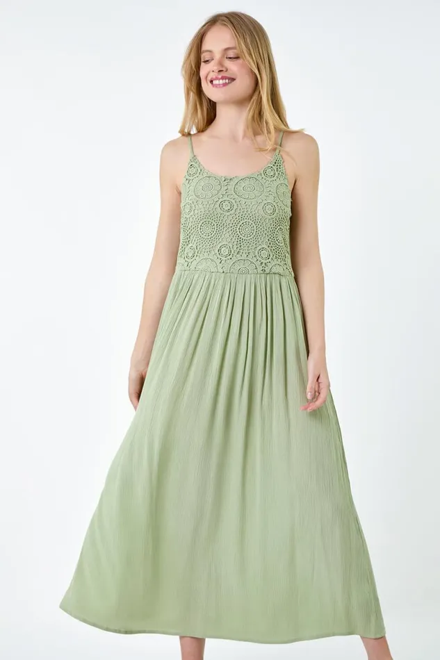 Khaki Lace Bodice Shirred Midi Dress Women Roman Dresses