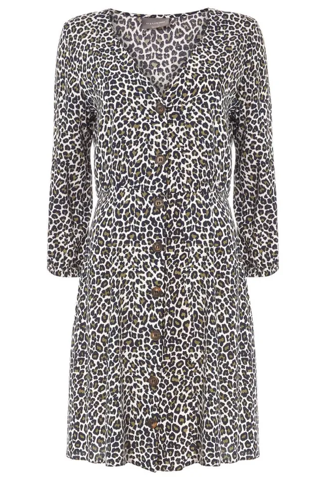 Khaki Leopard Print Button Through Skater Dress Women Roman Dresses