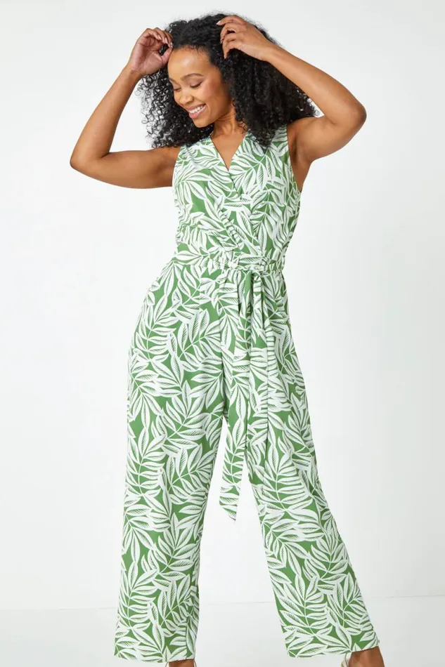Khaki Petite Leaf Print Wrap Jumpsuit Women Roman Dresses