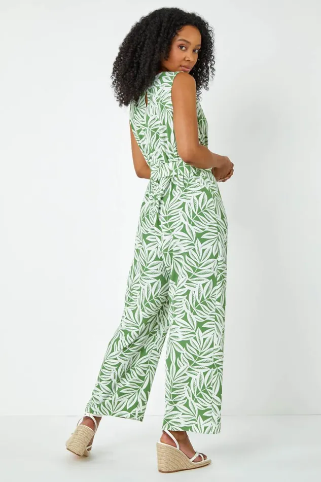 Khaki Petite Leaf Print Wrap Jumpsuit Women Roman Dresses