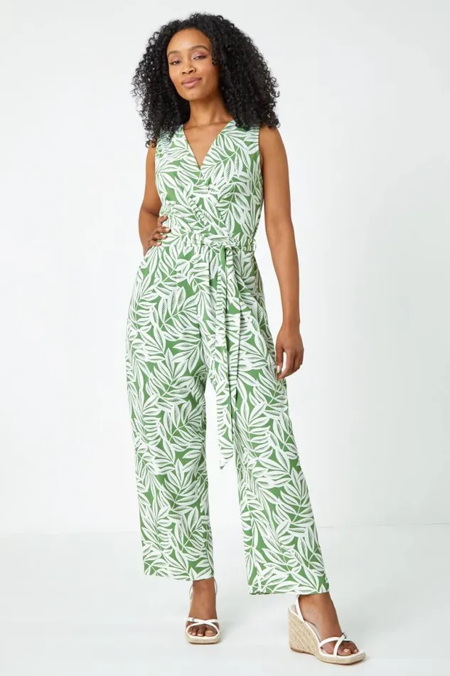 Khaki Petite Leaf Print Wrap Jumpsuit Women Roman Dresses