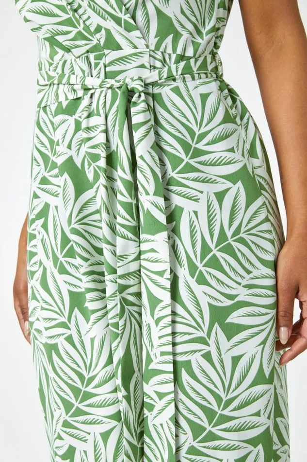 Khaki Petite Leaf Print Wrap Jumpsuit Women Roman Dresses