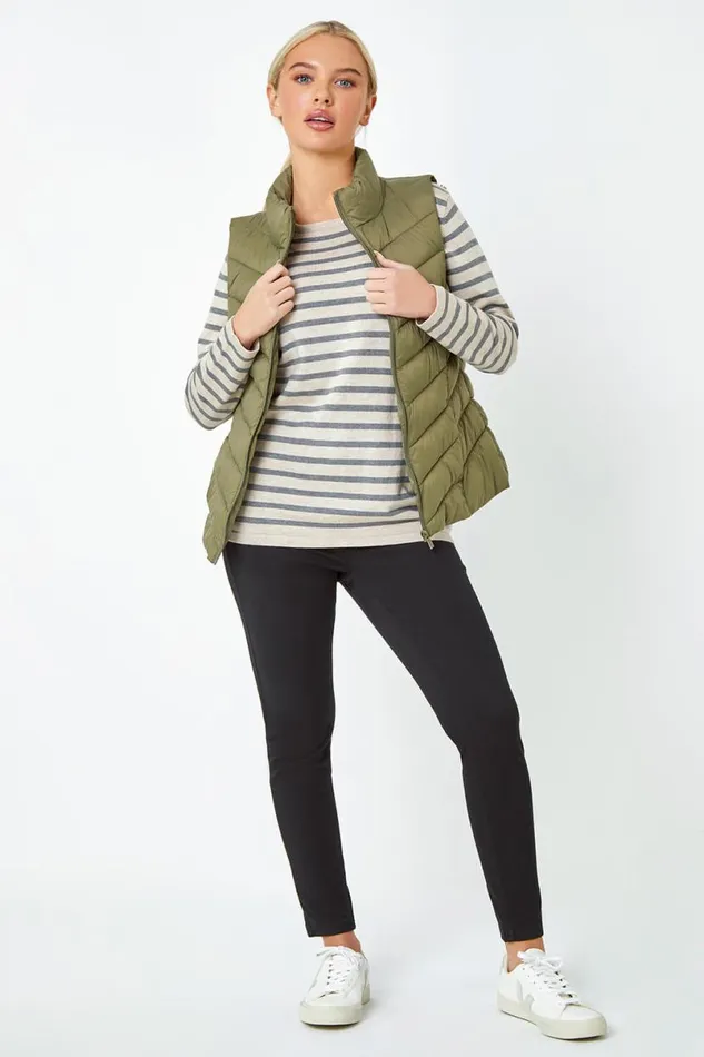 Khaki Petite Quilted Padded Gilet Women Roman Coats