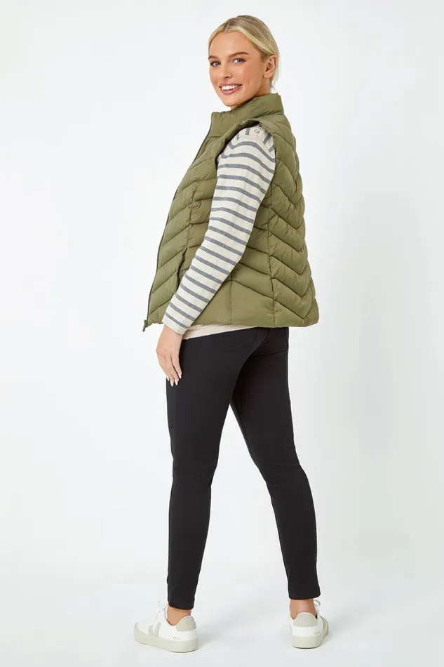 Khaki Petite Quilted Padded Gilet Women Roman Coats