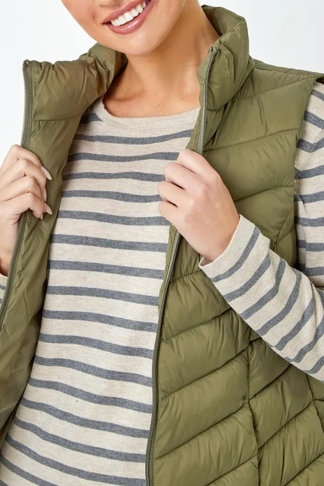 Khaki Petite Quilted Padded Gilet Women Roman Coats