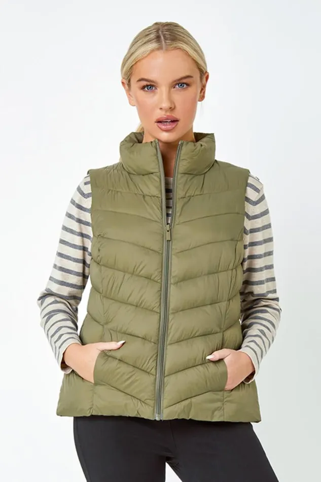 Khaki Petite Quilted Padded Gilet Women Roman Coats