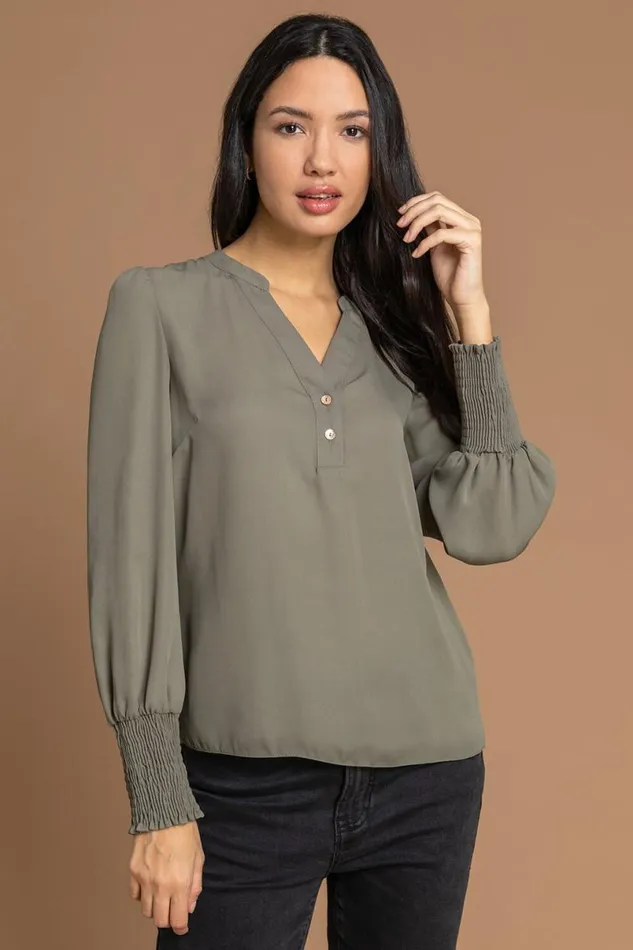 Khaki Plain Buttoned Shirred Cuff Chiffon Top Women Roman Tops