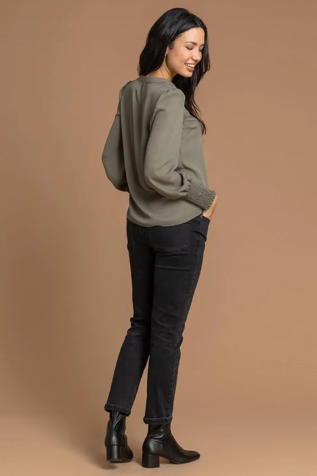 Khaki Plain Buttoned Shirred Cuff Chiffon Top Women Roman Tops