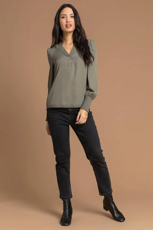 Khaki Plain Buttoned Shirred Cuff Chiffon Top Women Roman Tops