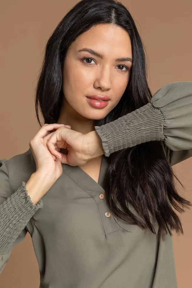 Khaki Plain Buttoned Shirred Cuff Chiffon Top Women Roman Tops